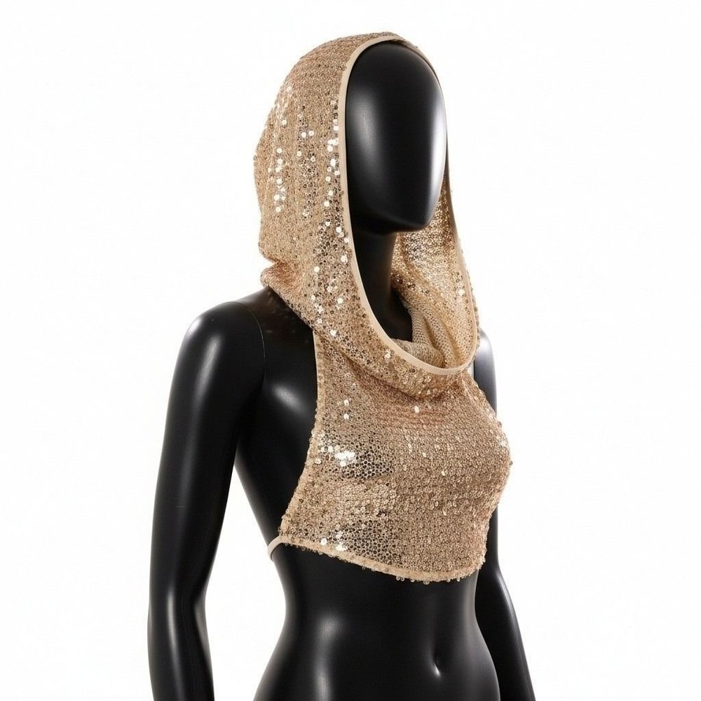 New Large Gold Sequin Cowl Neck Crop Top Festival Rave Glam Sheer Backless
